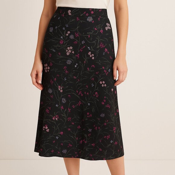 Amour Vert Ollie Silk Midi Skirt Caroline Black Floral M - Picture 1 of 6